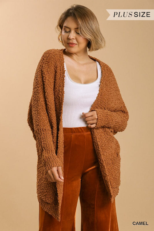 Plus Size Camel Brown Long Sleeve Cardigan Sweater Open Front Fall Outerwear with Pockets Coats & Jackets jehouze 