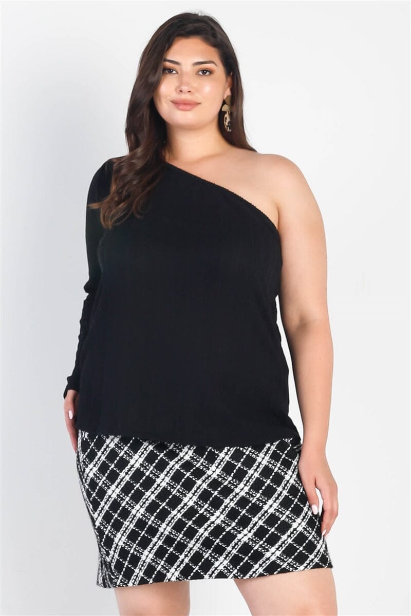 Plus Size Casual Black Ribbed One Shoulder Long Sleeve Top Shirts & Tops jehouze