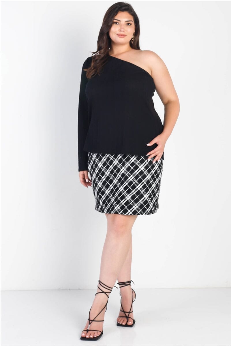 Plus Size Casual Black Ribbed One Shoulder Long Sleeve Top Shirts & Tops jehouze