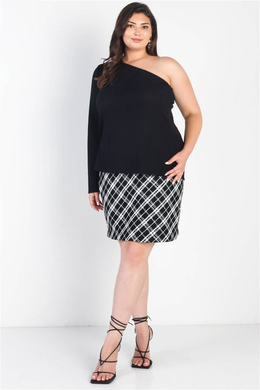 Plus Size Casual Black Ribbed One Shoulder Long Sleeve Top Shirts & Tops jehouze