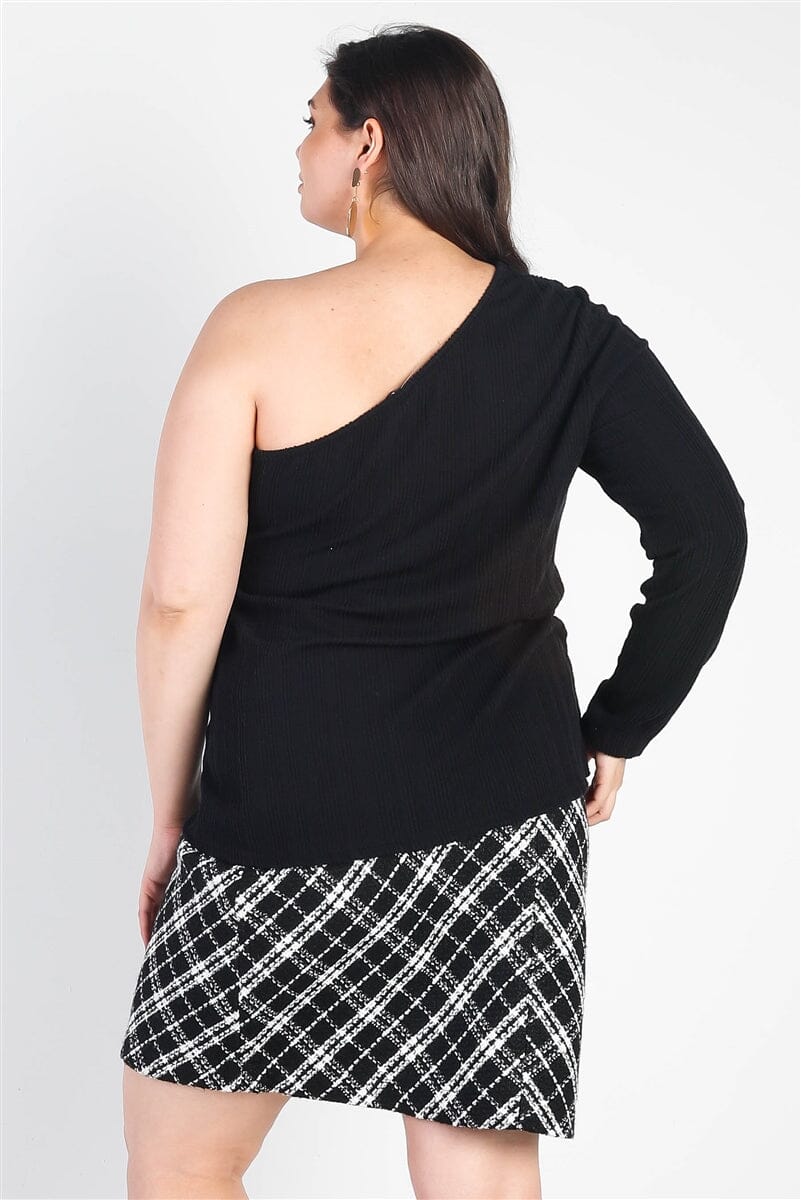 Plus Size Casual Black Ribbed One Shoulder Long Sleeve Top Shirts & Tops jehouze