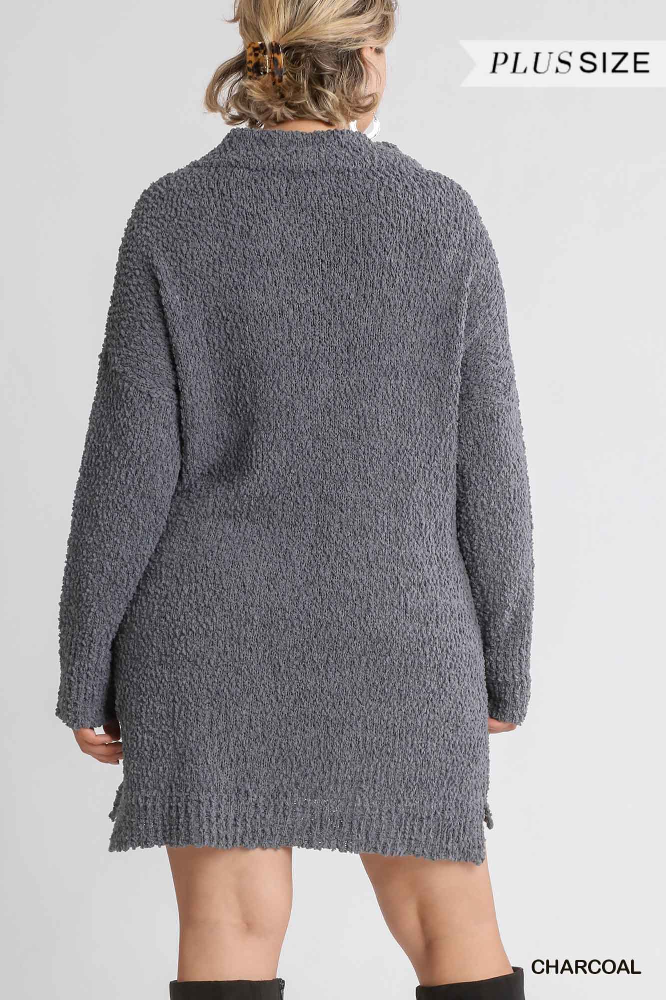 Plus Size Charcoal Grey High Cowl Neck Long Sleeve Sweater Mini Dress Dresses jehouze