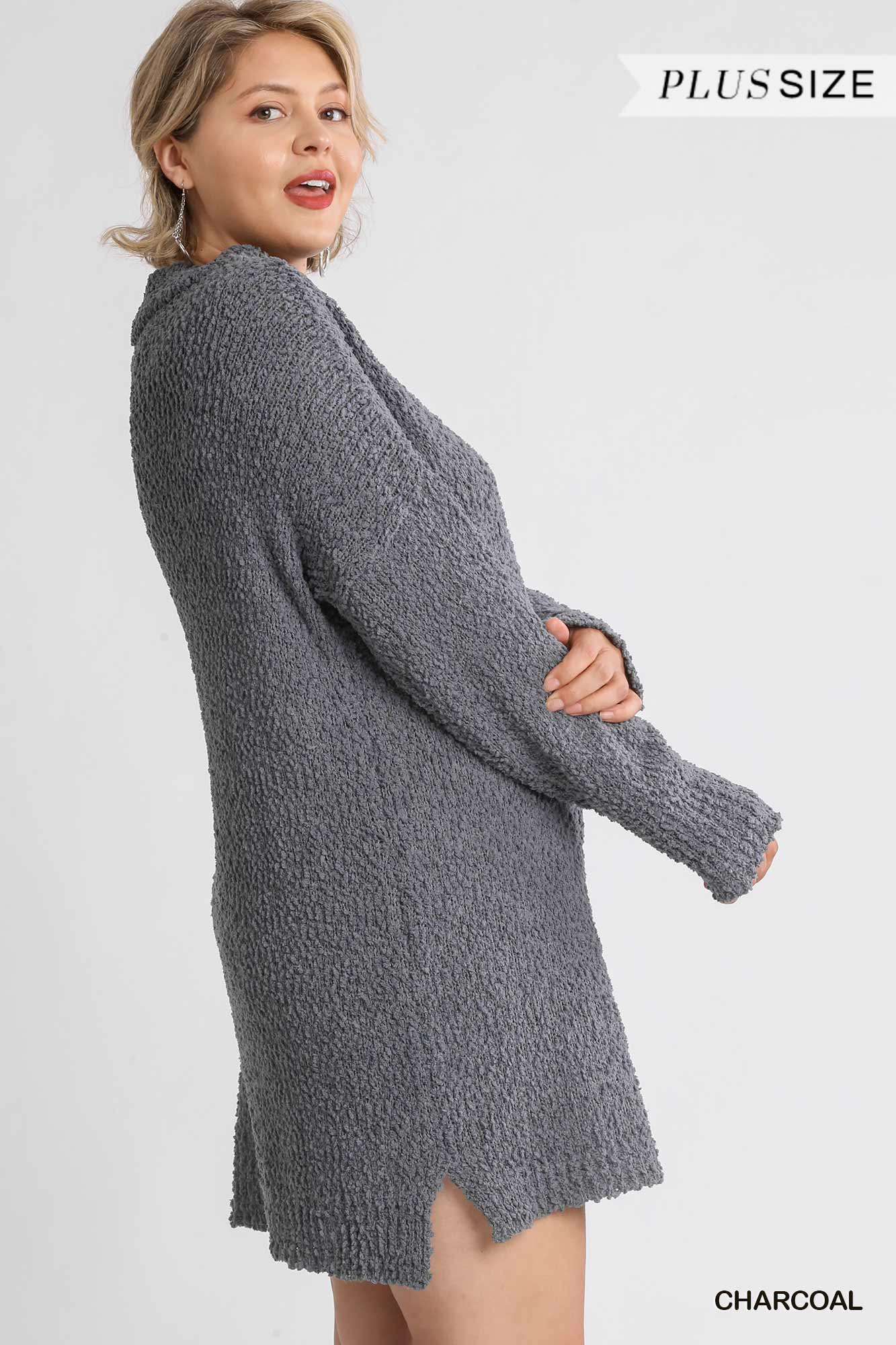 Plus Size Charcoal Grey High Cowl Neck Long Sleeve Sweater Mini Dress Dresses jehouze