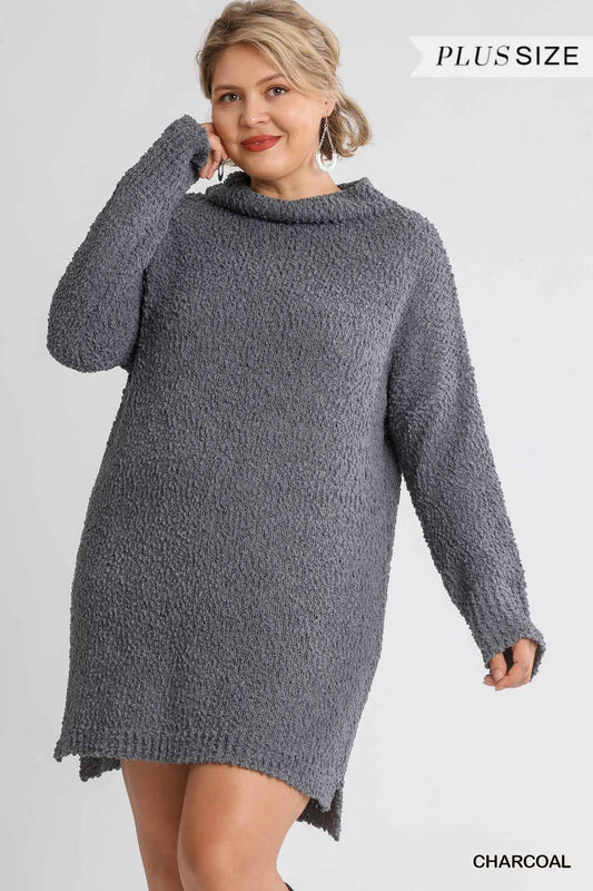 Plus Size Charcoal Grey High Cowl Neck Long Sleeve Sweater Mini Dress Dresses jehouze