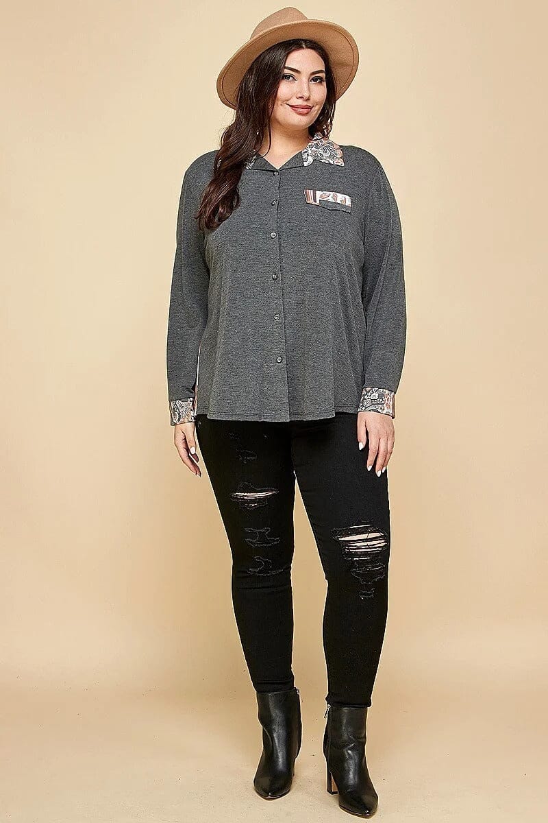 Plus Size Charcoal Grey Patchwork Contrast Button Up Long Sleeve Shirt jehouze