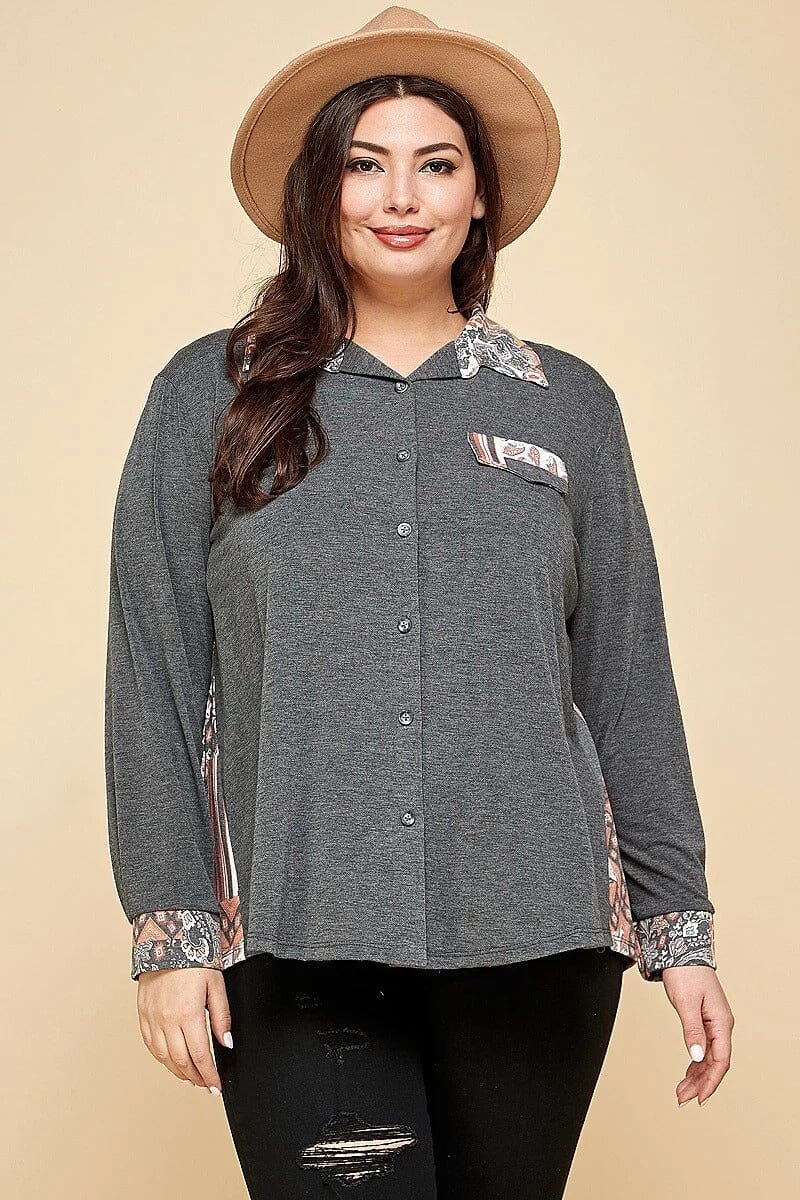 Plus Size Charcoal Grey Patchwork Contrast Button Up Long Sleeve Shirt jehouze
