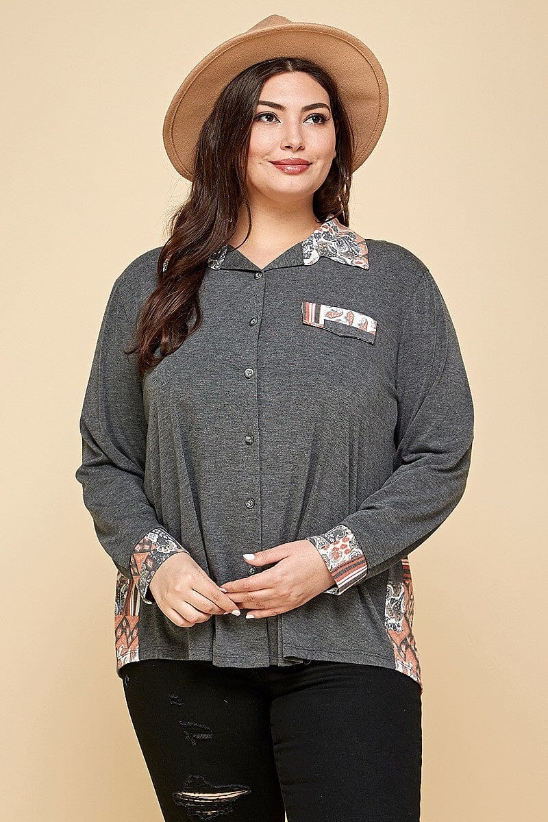 Plus Size Charcoal Grey Patchwork Contrast Button Up Long Sleeve Shirt jehouze