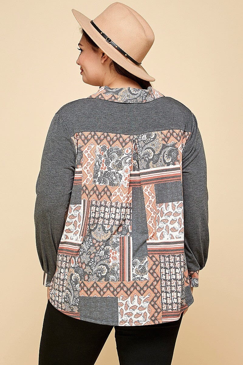 Plus Size Charcoal Grey Patchwork Contrast Button Up Long Sleeve Shirt jehouze