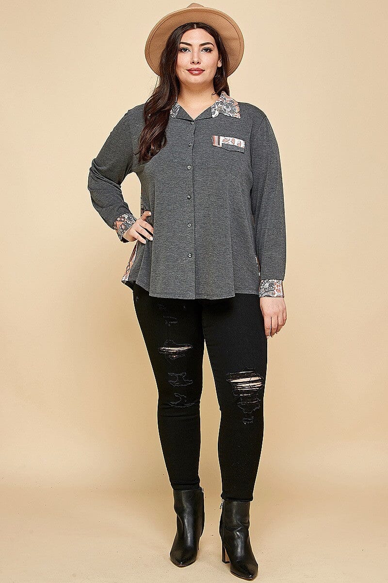 Plus Size Charcoal Grey Patchwork Contrast Button Up Long Sleeve Shirt jehouze