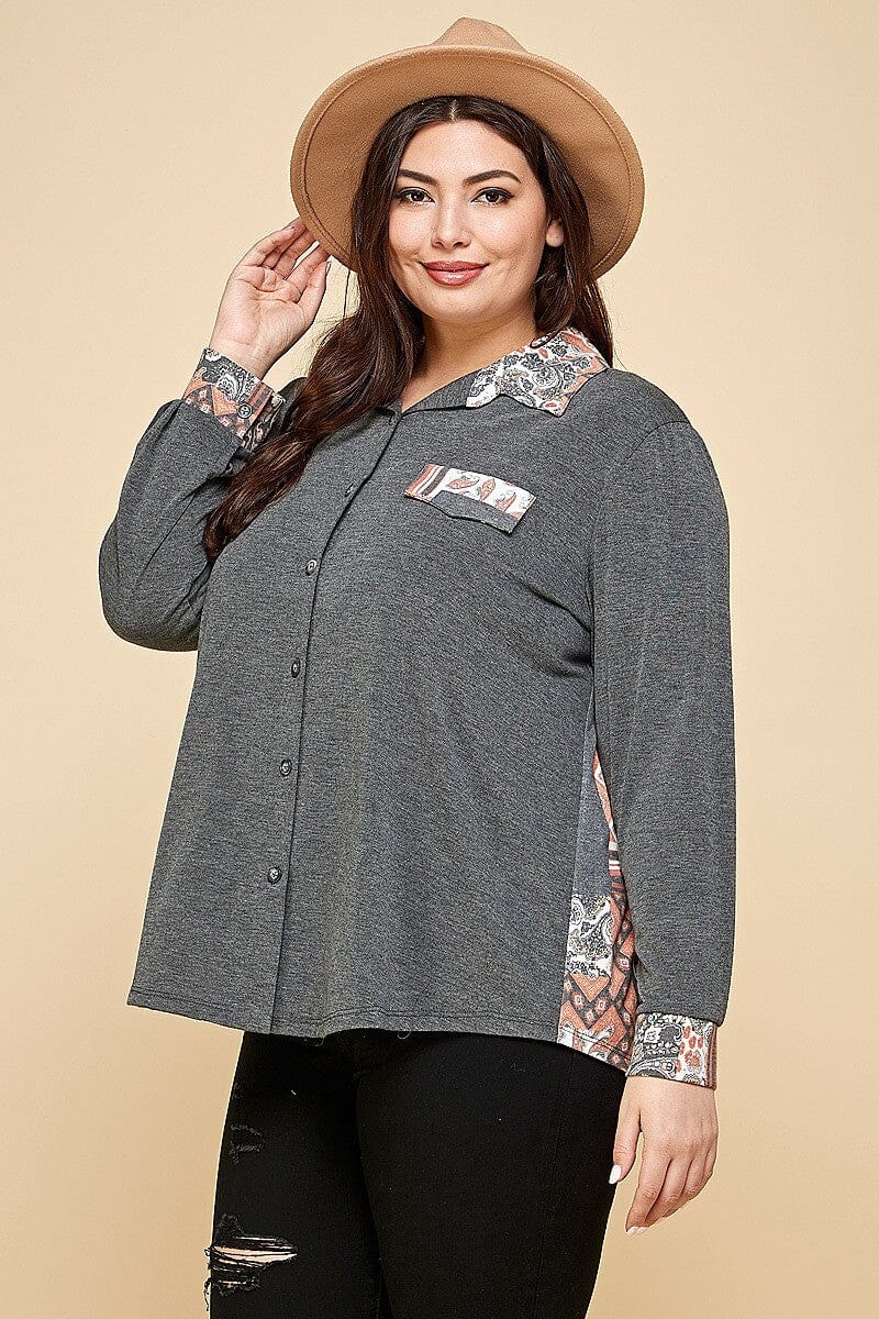 Plus Size Charcoal Grey Patchwork Contrast Button Up Long Sleeve Shirt jehouze