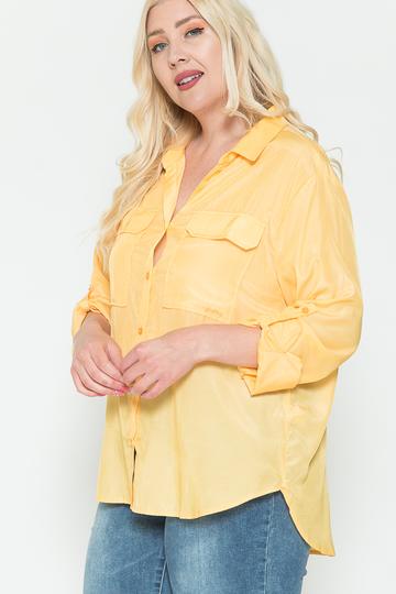 Plus Size Chest Pocket Oversized Satin Shirt Shirts & Tops jehouze