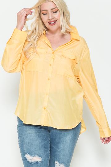 Plus Size Chest Pocket Oversized Satin Shirt Shirts & Tops jehouze