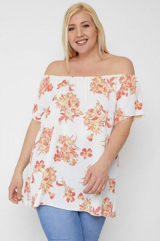 Plus size coral Floral Print Off The Shoulder Top Shirts & Tops jehouze