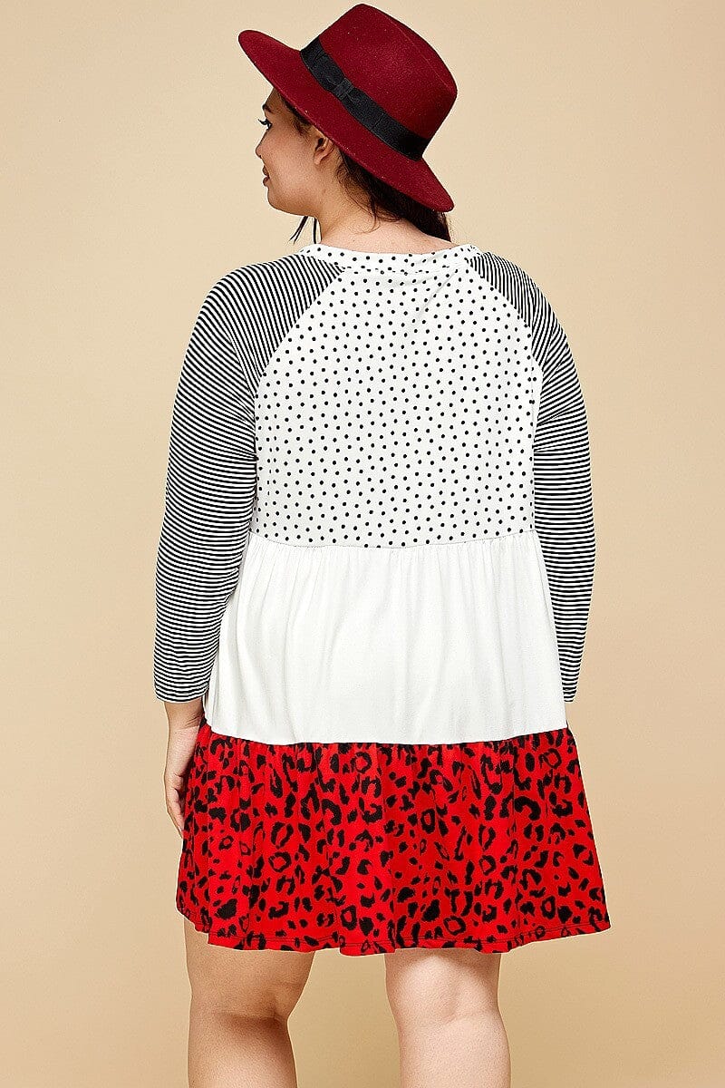 Plus Size Cute Polka Dot And Animal Print Contrast Swing Tiered Mini Dress Dresses jehouze