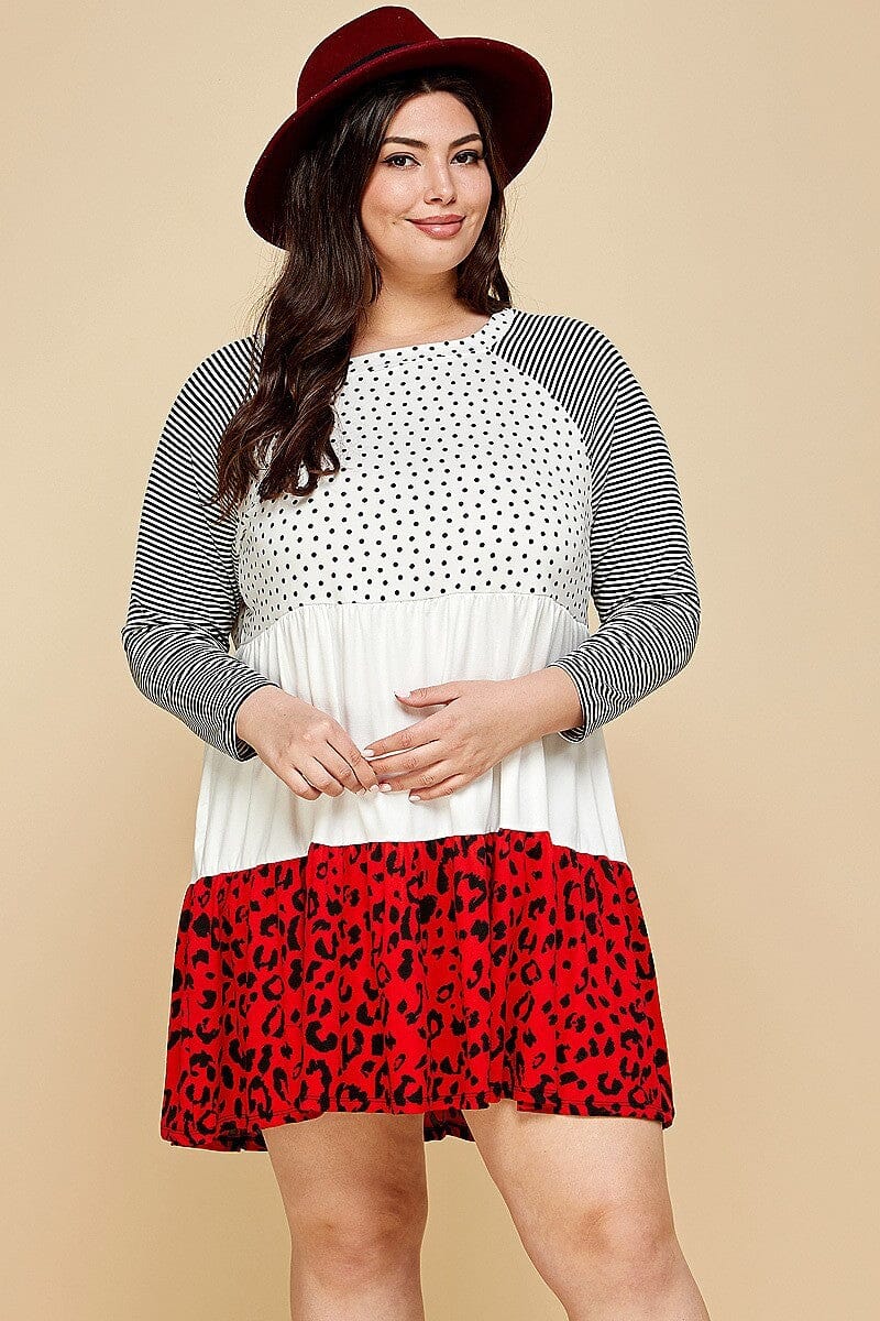 Plus Size Cute Polka Dot And Animal Print Contrast Swing Tiered Mini Dress Dresses jehouze