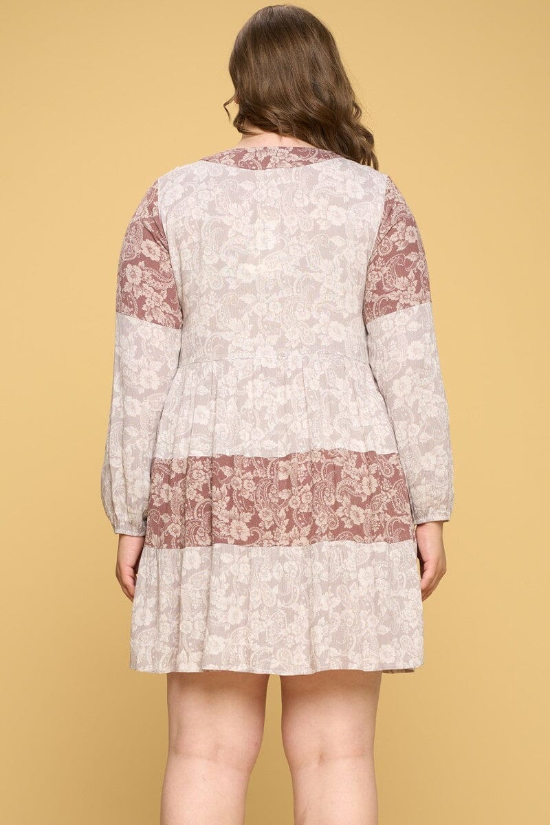 Plus Size Dusty Rose Pink Color Block Floral Tiered Long Sleeve Mini Dress jehouze