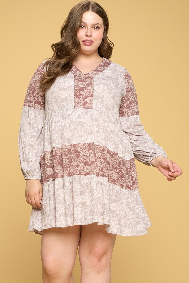 Plus Size Dusty Rose Pink Color Block Floral Tiered Long Sleeve Mini Dress jehouze