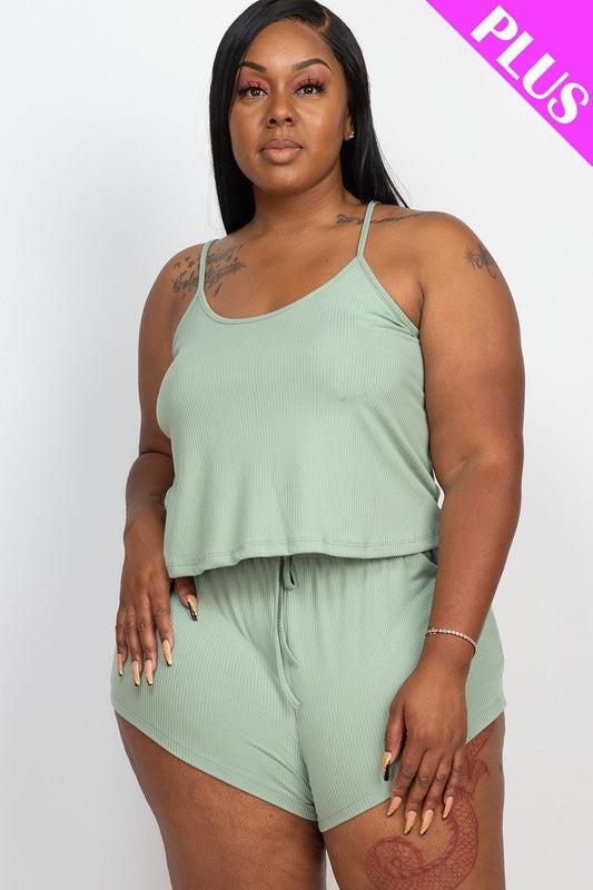 Plus Size Green Bay Ribbed Strappy Top And Shorts Set Matching Sets jehouze 