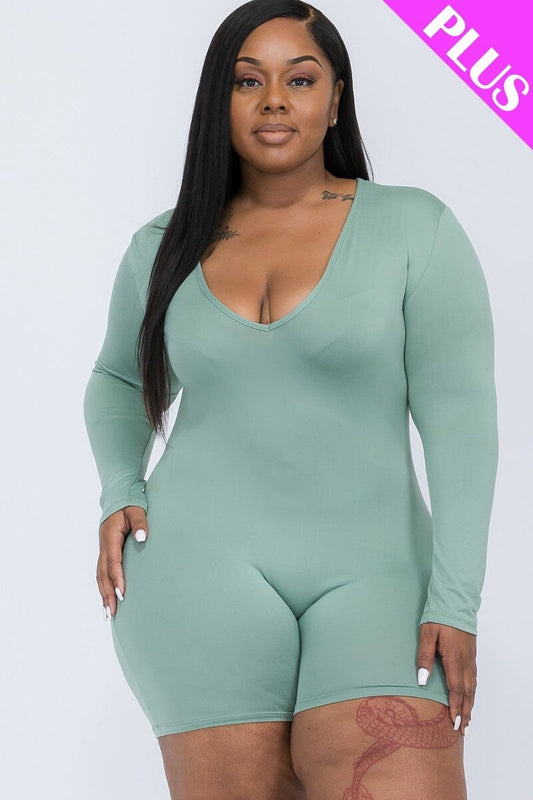 Plus Size Green Bay V neck Long Sleeve one piece Bodycon Romper Jumpsuits & Rompers jehouze