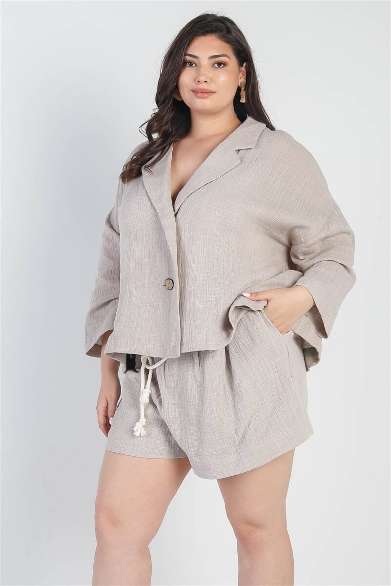 Plus Size Grey Button-up Collared Neck Blazer and High Waist Shorts Set Matching Sets jehouze