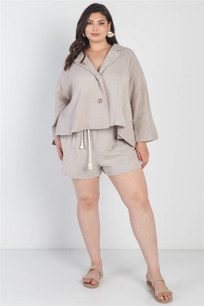 Plus Size Grey Button-up Collared Neck Blazer and High Waist Shorts Set Matching Sets jehouze