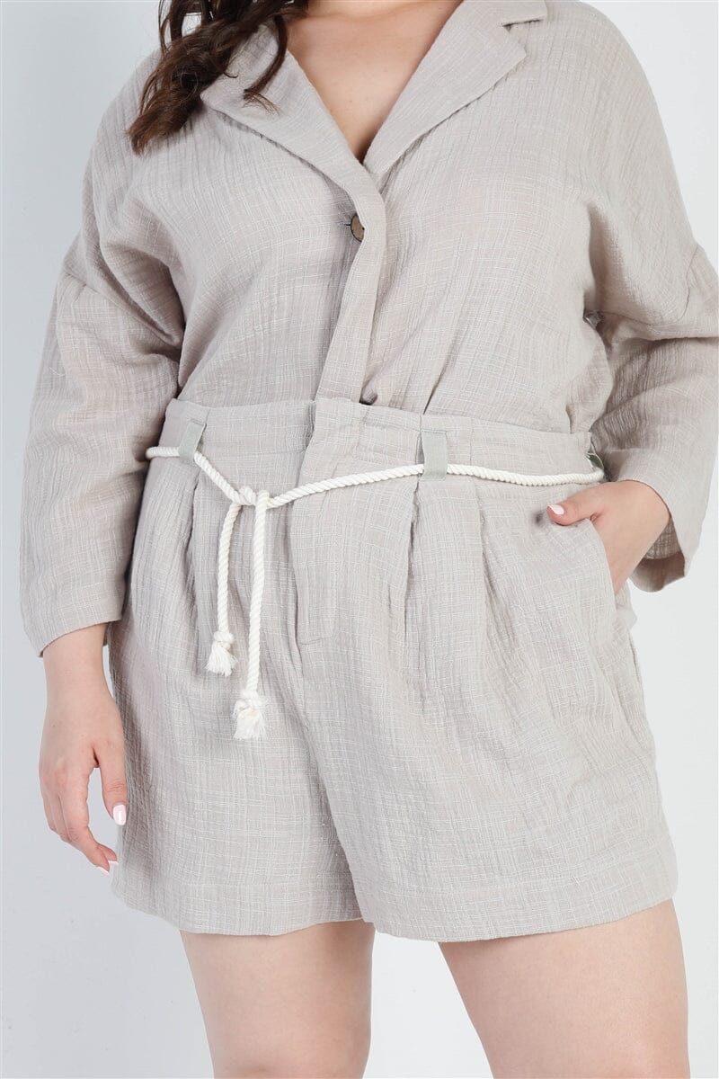 Plus Size Grey Button-up Collared Neck Blazer and High Waist Shorts Set Matching Sets jehouze
