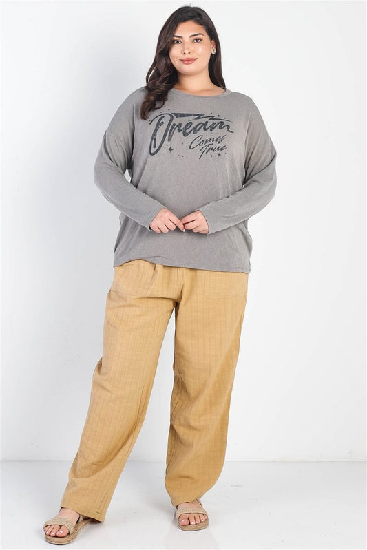 Plus Size Grey "dream Comes True" Long Sleeve Crewneck Top Shirts & Tops jehouze
