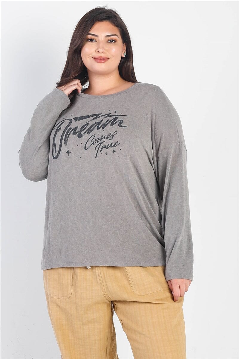 Plus Size Grey "dream Comes True" Long Sleeve Crewneck Top Shirts & Tops jehouze