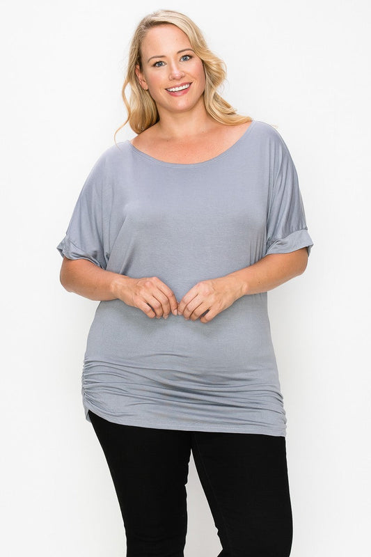 Plus size Grey Short Sleeve Top Featuring A Round Neck And Ruched Sides Shirts & Tops jehouze