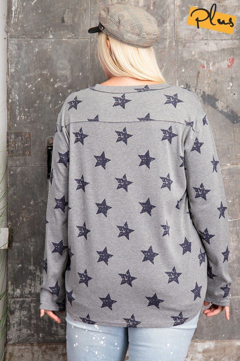 Plus Size Heather Grey Star Printed Poly Rayon Long Sleeve Loose Fit Top Shirts & Tops jehouze