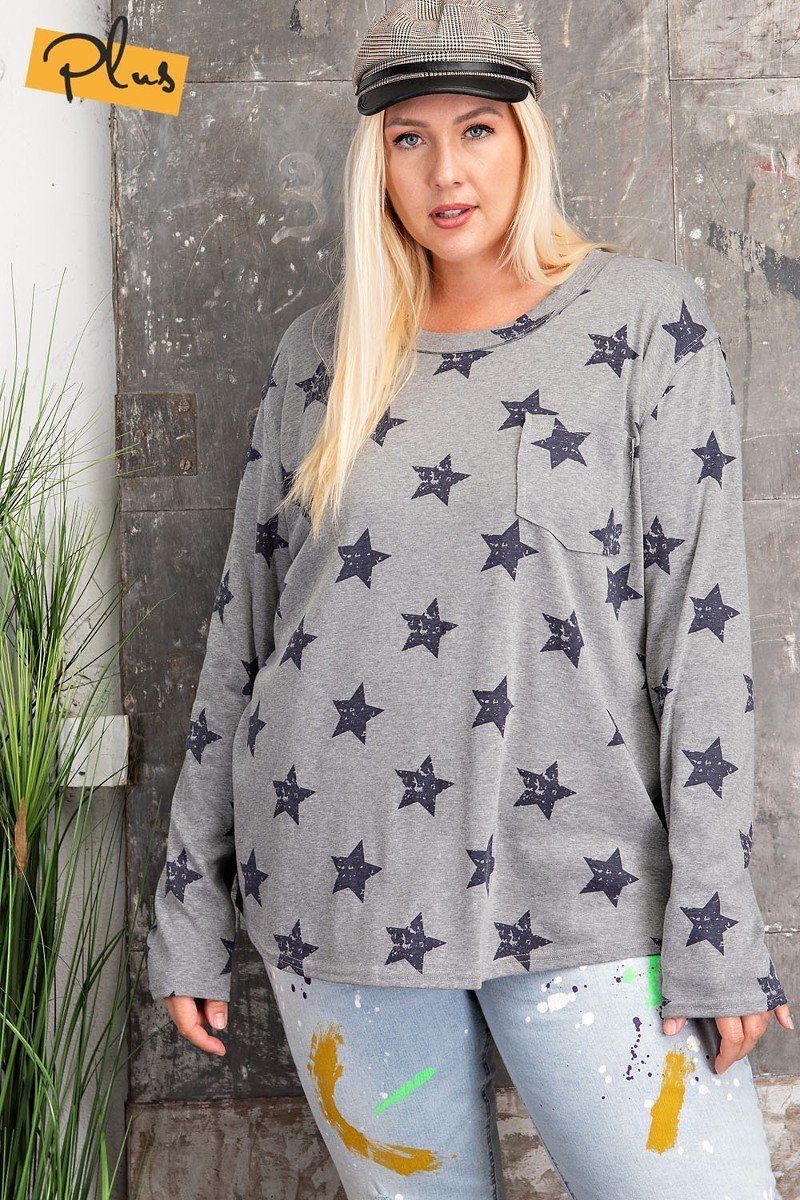 Plus Size Heather Grey Star Printed Poly Rayon Long Sleeve Loose Fit Top Shirts & Tops jehouze