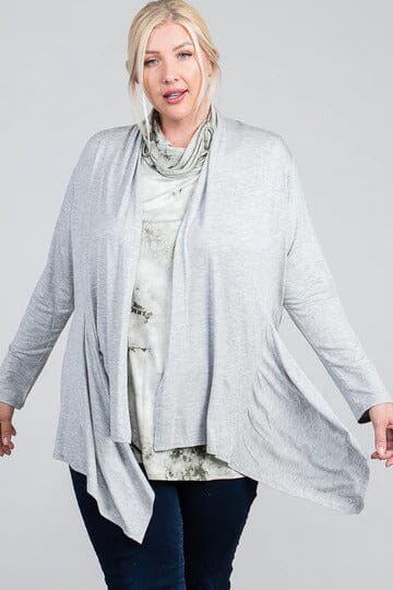 Plus Size Heather Grey Waist Seam Shark Bite Long Sleeve Open Solid Cardigan Coats & Jackets jehouze