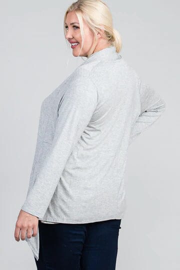 Plus Size Heather Grey Waist Seam Shark Bite Long Sleeve Open Solid Cardigan Coats & Jackets jehouze