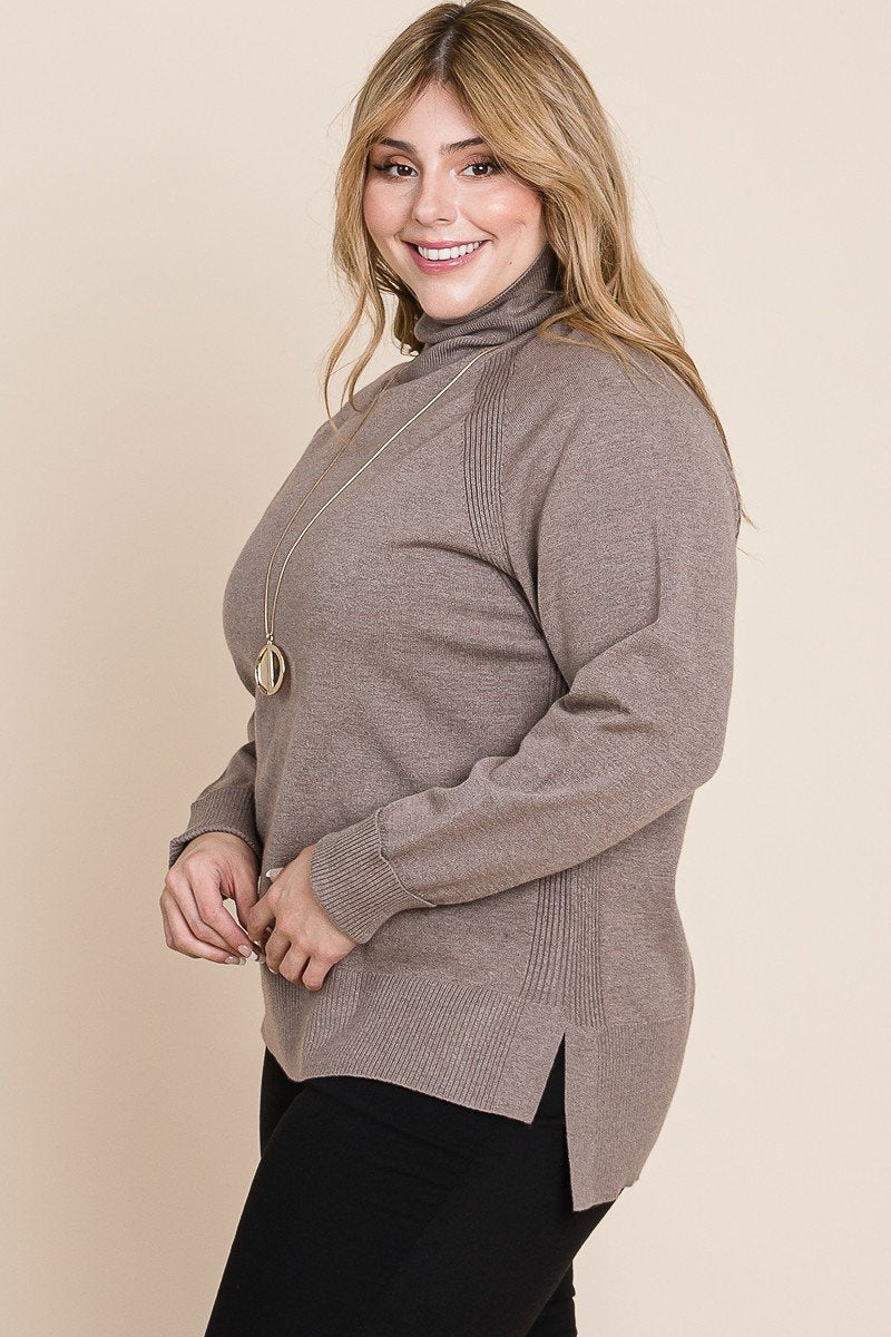 Plus Size High Quality Buttery Soft Solid Knit Turtleneck Two Tone High Low Hem Sweater Shirts & Tops jehouze