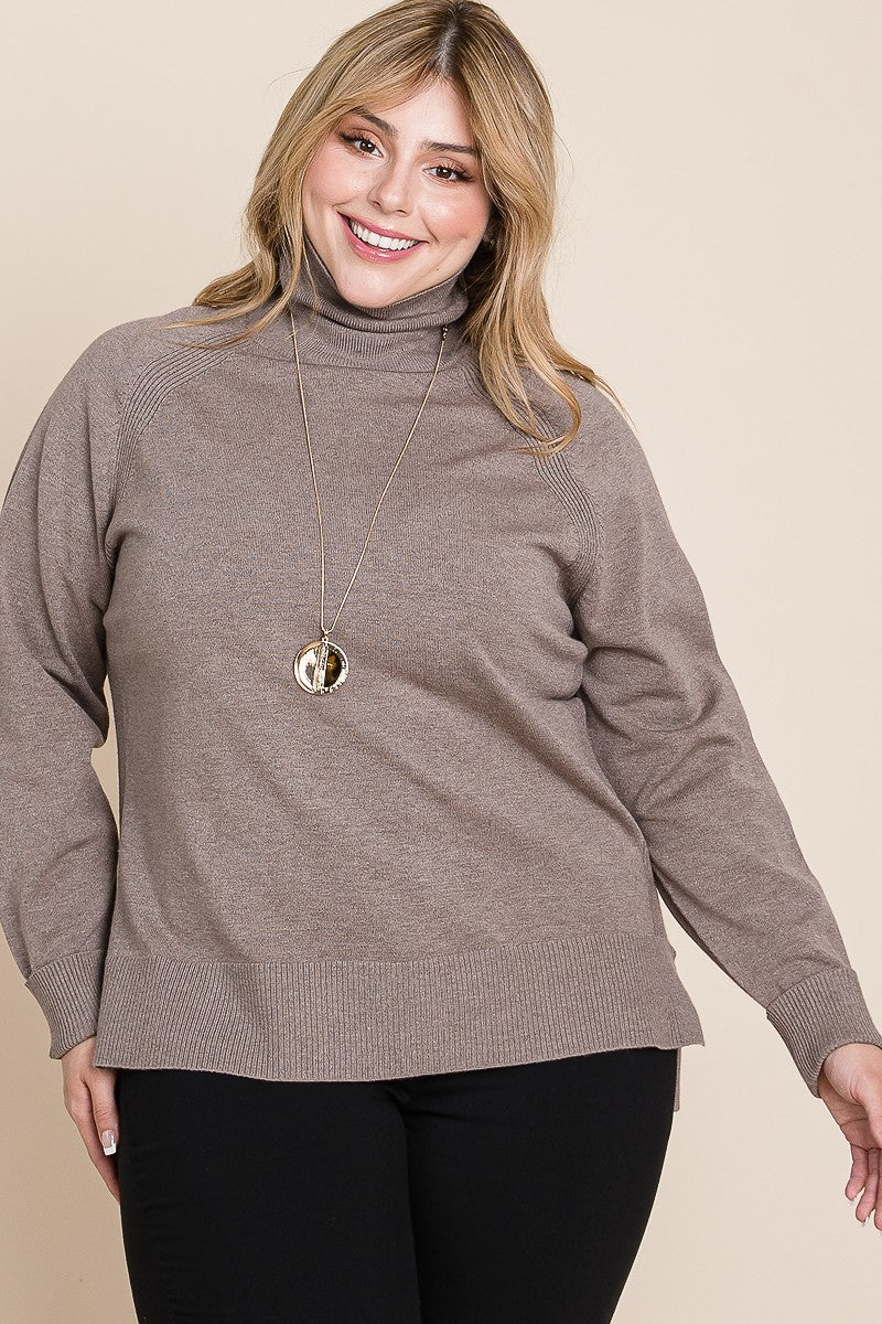 Plus Size High Quality Buttery Soft Solid Knit Turtleneck Two Tone High Low Hem Sweater Shirts & Tops jehouze