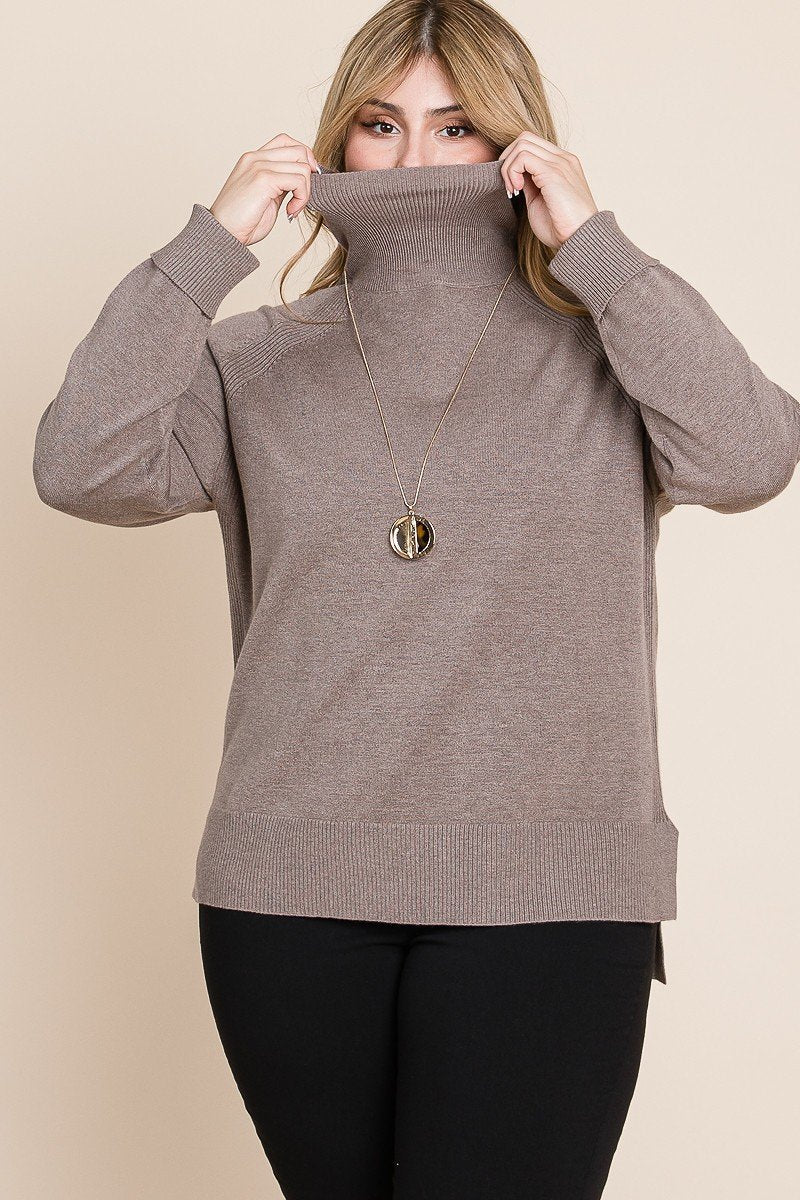 Plus Size High Quality Buttery Soft Solid Knit Turtleneck Two Tone High Low Hem Sweater Shirts & Tops jehouze