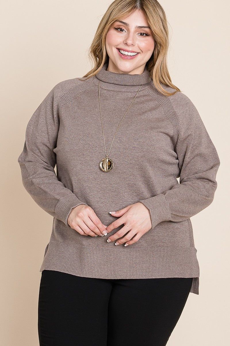 Plus Size High Quality Buttery Soft Solid Knit Turtleneck Two Tone High Low Hem Sweater Shirts & Tops jehouze