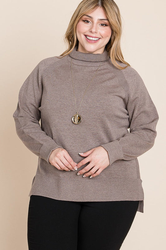Plus Size High Quality Buttery Soft Solid Knit Turtleneck Two Tone High Low Hem Sweater Shirts & Tops jehouze