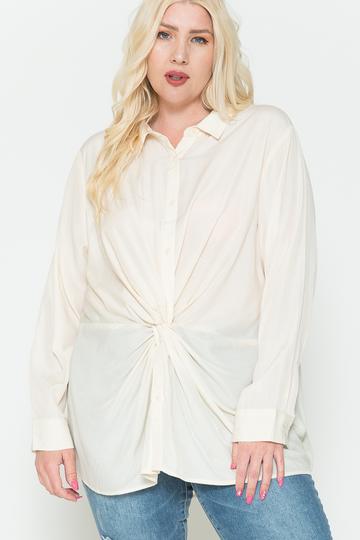 Plus Size Ivory White Satin oversize Long Sleeve Twisted Knot Shirt Shirts & Tops jehouze