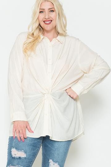 Plus Size Ivory White Satin oversize Long Sleeve Twisted Knot Shirt Shirts & Tops jehouze