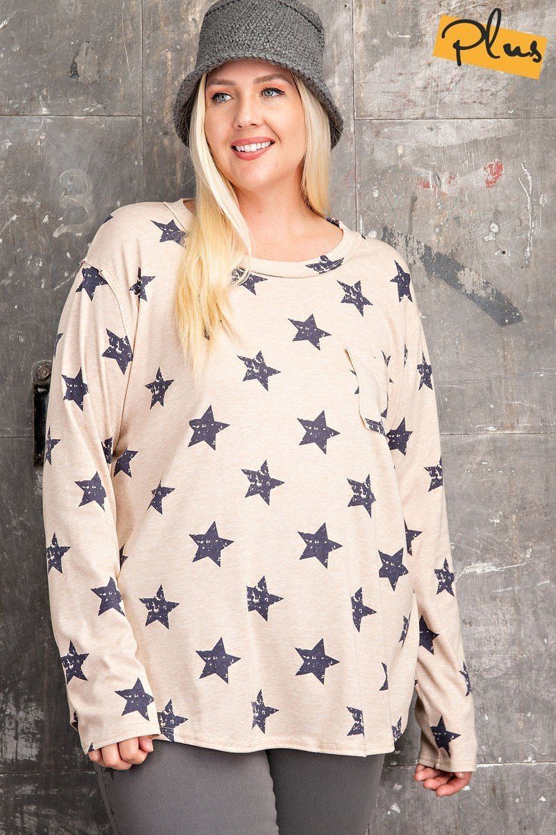 Plus Size Khaki Star Printed Poly Rayon Long Sleeve Loose Fit Top Shirts & Tops jehouze