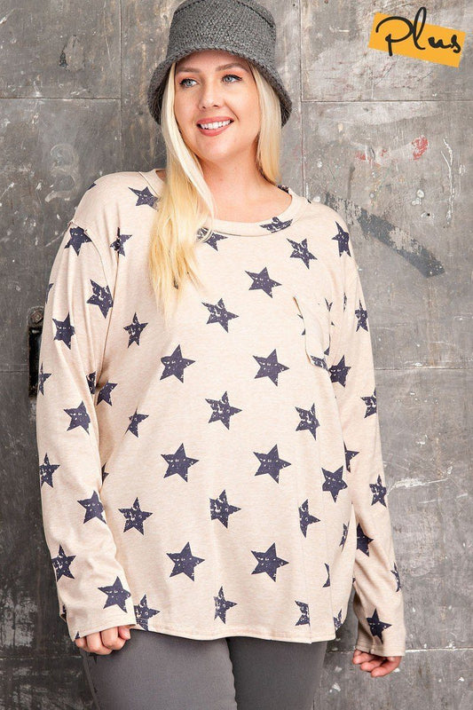 Plus Size Khaki Star Printed Poly Rayon Long Sleeve Loose Fit Top Shirts & Tops jehouze