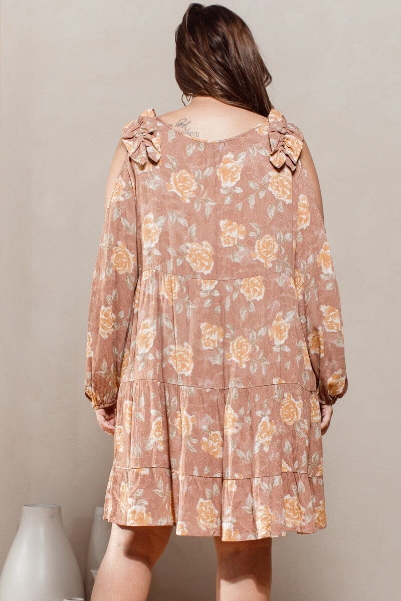 Plus Size Light Clay Brown Floral Cold Shoulder Long Sleeve Babydoll Dress jehouze