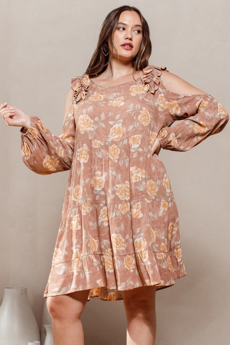 Plus Size Light Clay Brown Floral Cold Shoulder Long Sleeve Babydoll Dress jehouze