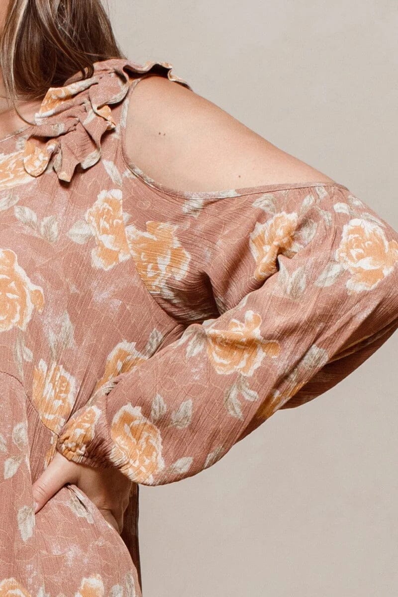 Plus Size Light Clay Brown Floral Cold Shoulder Long Sleeve Babydoll Dress jehouze
