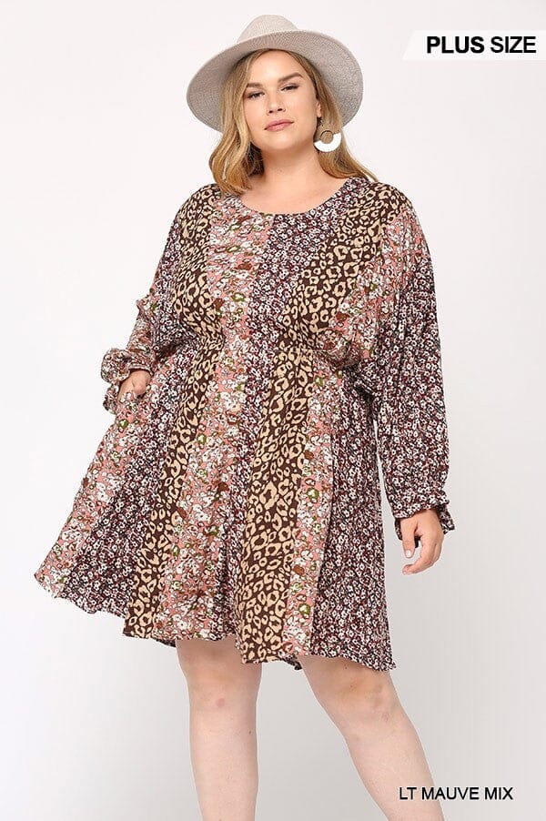 Plus Size Light Mauve Pink Long Sleeve Round Neck Dress with Side pockets Dresses jehouze