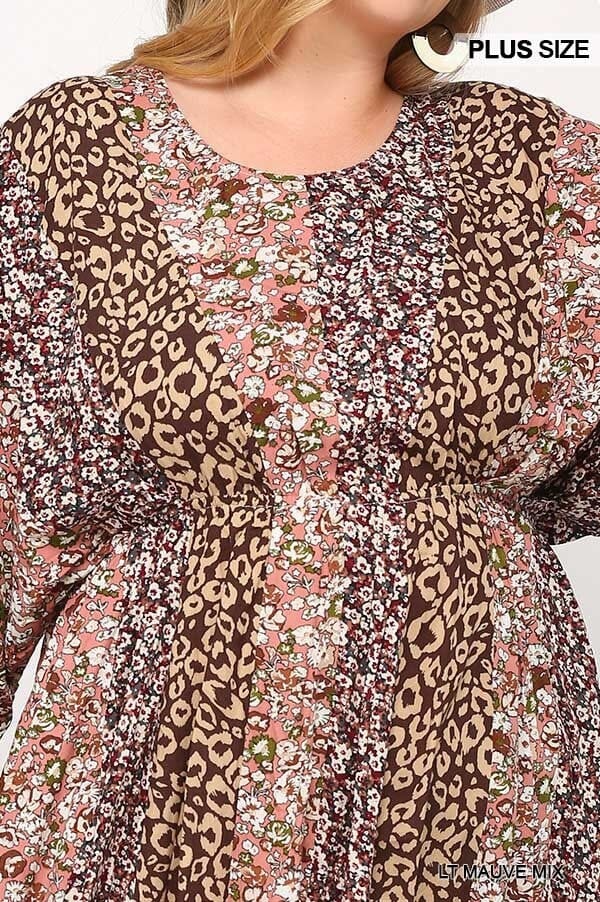 Plus Size Light Mauve Pink Long Sleeve Round Neck Dress with Side pockets Dresses jehouze