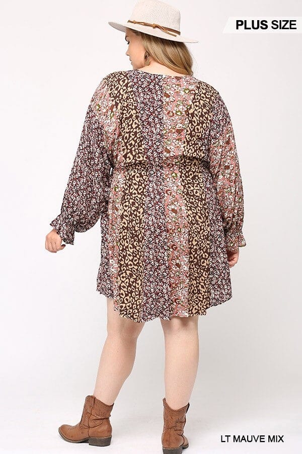 Plus Size Light Mauve Pink Long Sleeve Round Neck Dress with Side pockets Dresses jehouze