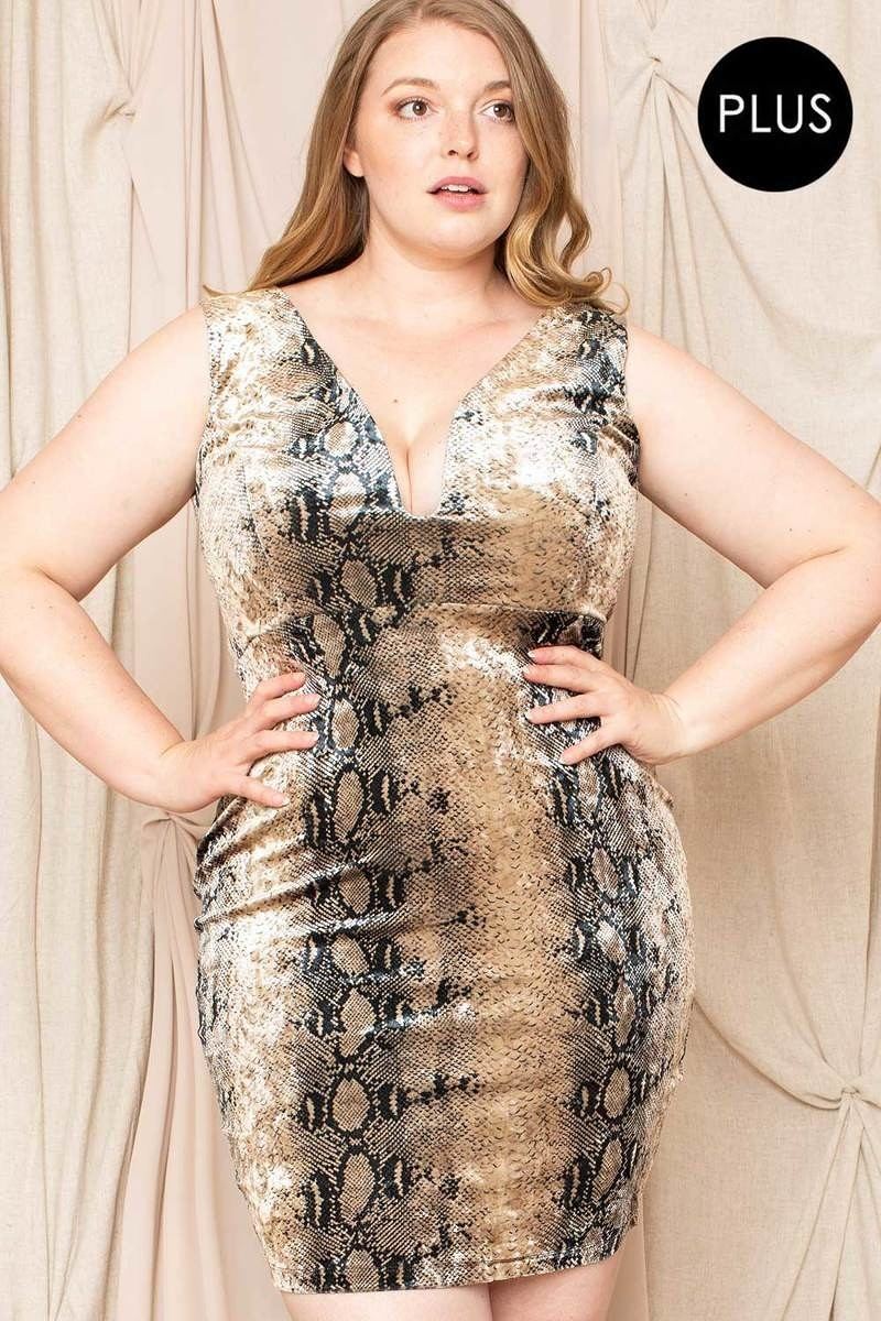 Plus Size Mocha Brown Snakeskin Print Sleeveless Deep V Neck Back Zipper Bodycon Mini Dress Dresses jehouze