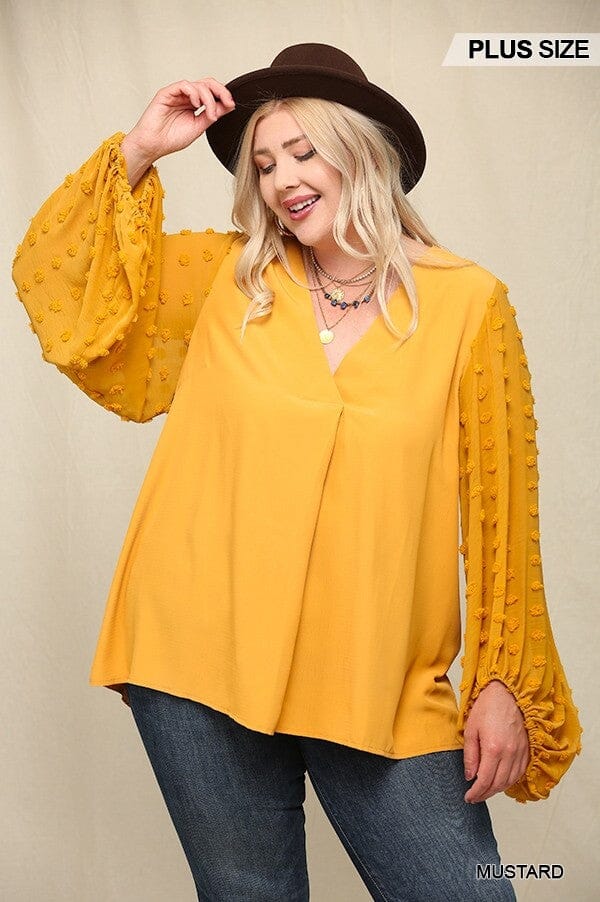 Plus Size Mustard Yellow Woven And Textured Chiffon Top With Voluminous Sheer Sleeves Top jehouze